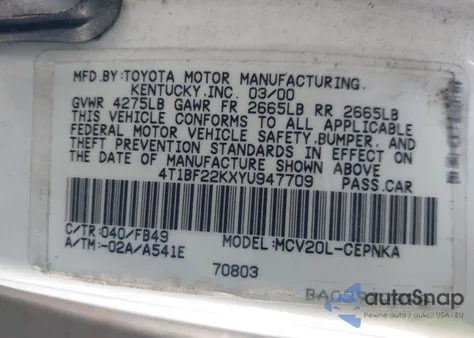 2000 Toyota Camry Le V6 из США, поврежденный, VIN 4T1BF22KXYU947709